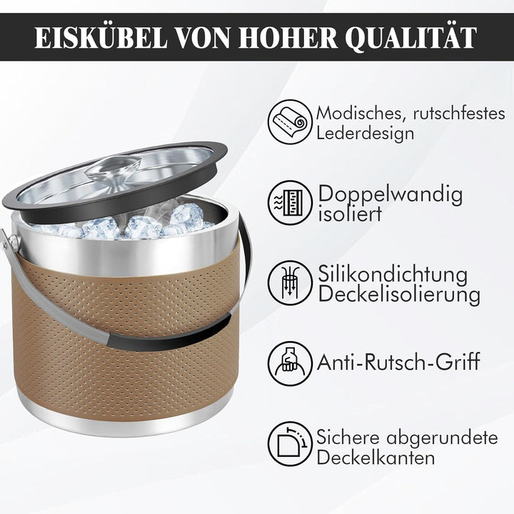 3.2L Eiswürfelbehälter mit Deckel und Schaufel, Upgrade Lederdesign Edelstahl Eiskübel, Doppelwandig