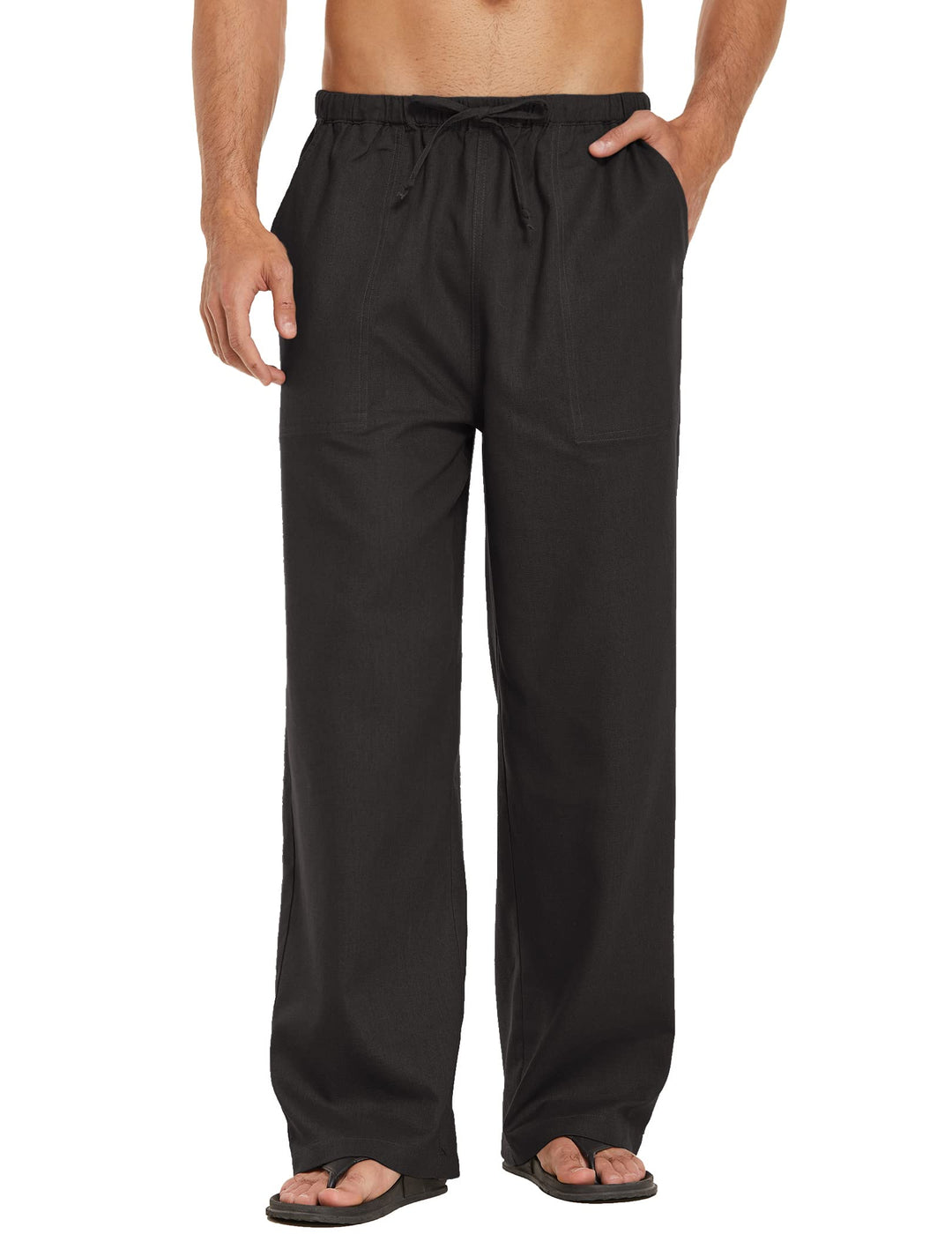 COOFANDY Herren Leinenhose mit Kordelzug Leicht Sommerhose Freizeithose Strandhose mit Tasche Schwar