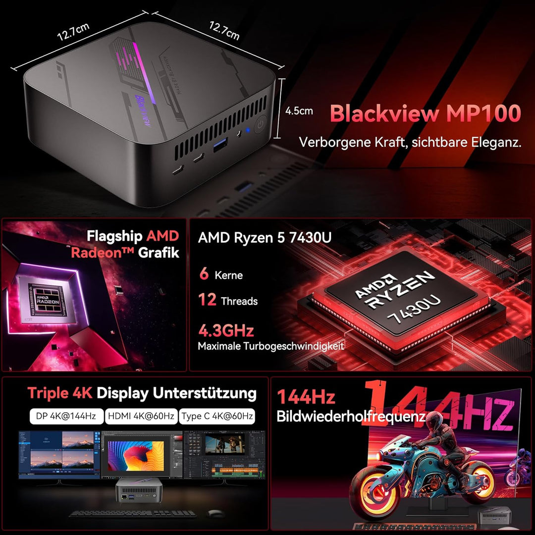 Blackview MP100 Mini PC 32GB RAM 1TB NVME PCIe3.0 SSD,AMD Ryzen 5 7430U(6C/12T, Bis zu 4.3Ghz),WiFi6