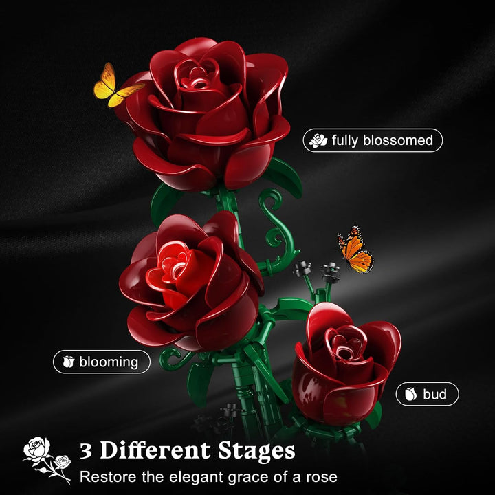 Blumen Rosen Bausatz mit LED Licht, 241 Teile Burgunderrot Rosenstrauss, 3.6MM Blumenstrauss Baustei