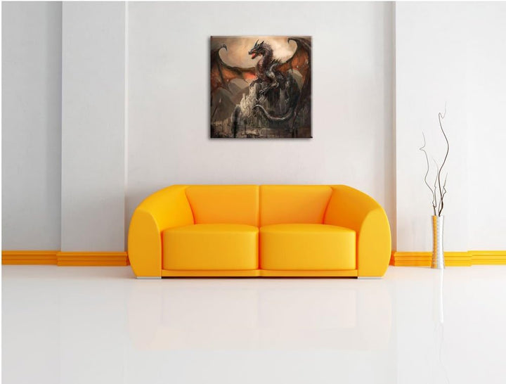 Drache schützend über Burg, Format: 70x70 auf Leinwand, XXL riesige Bilder fertig gerahmt mit Keilra