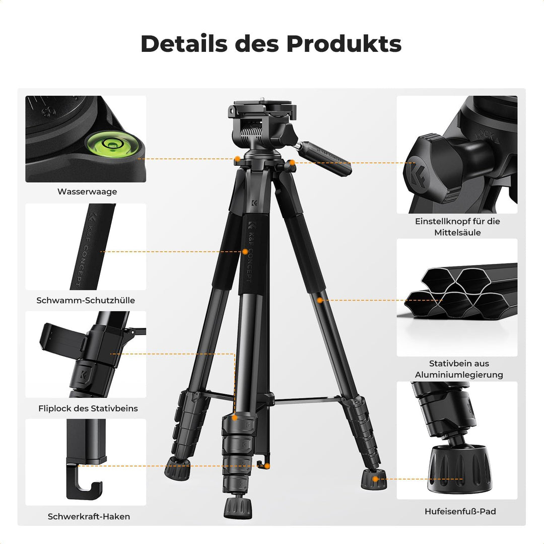 K&F Concept Kamera Stativ S255A3+BV01, Leichtes Stativ mit Tasche,190cm Handy Stativ,Tripod für Cano