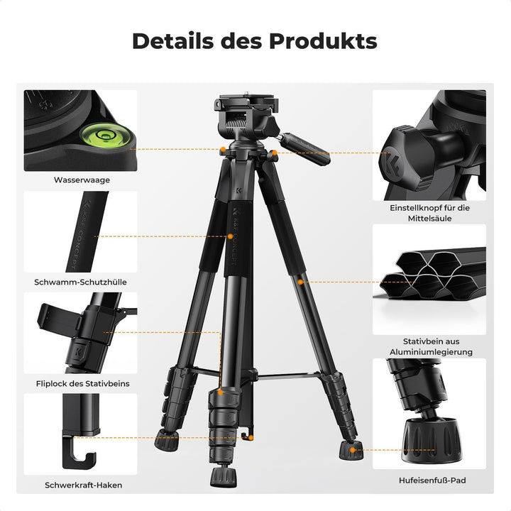 K&F Concept Kamera Stativ S255A3+BV01, Leichtes Stativ mit Tasche,190cm Handy Stativ,Tripod für Cano