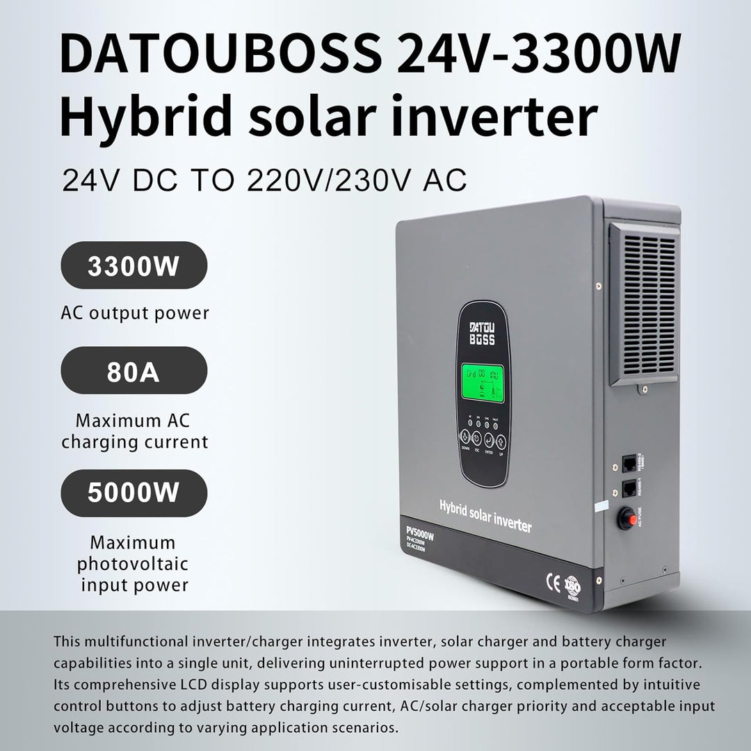 DATOUBOSS 3300W Hybrid Solar Wechselrichter 24V Reiner Sinus, 24V DC auf 230V AC Inverter mit MPPT L