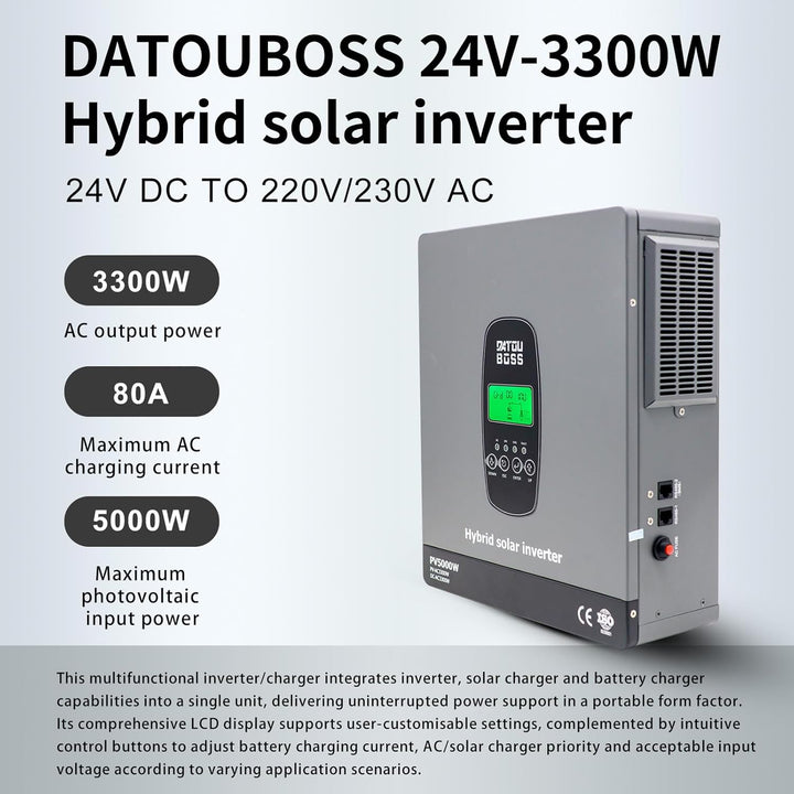 DATOUBOSS 3300W Hybrid Solar Wechselrichter 24V Reiner Sinus, 24V DC auf 230V AC Inverter mit MPPT L