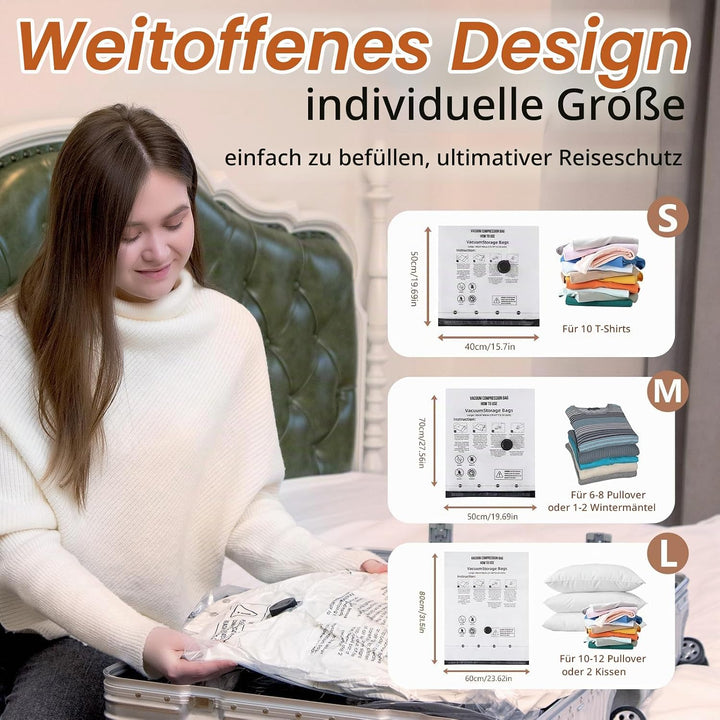 Vakuumbeutel mit kabelloser Pumpe - 12 Stück Set (4x40x50cm,4x50x70cm,4x60x80cm) wiederverwendbare V