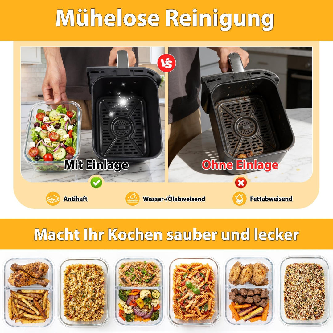 BYKITCHEN 2 Stück Glas Auflaufform für Airfryer mit Deckel & Silikon Ofenhandschuhe, Airfryer Zubehö