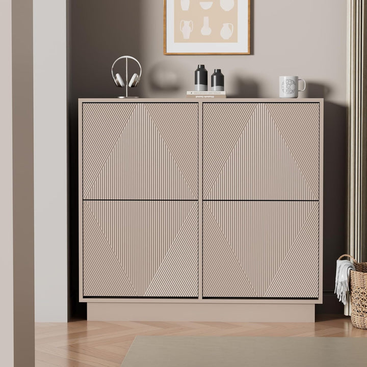 UEV Schuhschrank mit 4 Klappen, Schuhkommode schmal mit Kippschutz, Schuhkipper für Wohnzimmer Schla