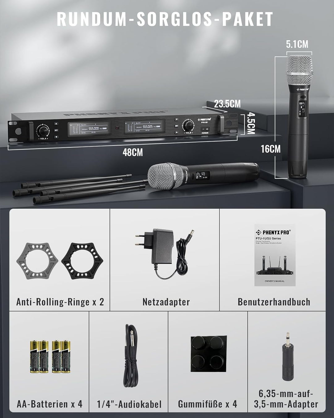 Phenyx Pro Wireless Mikrofon Set, True Diversity Dual Cordless Mikrofone, Profi UHF Handheld, funkmi