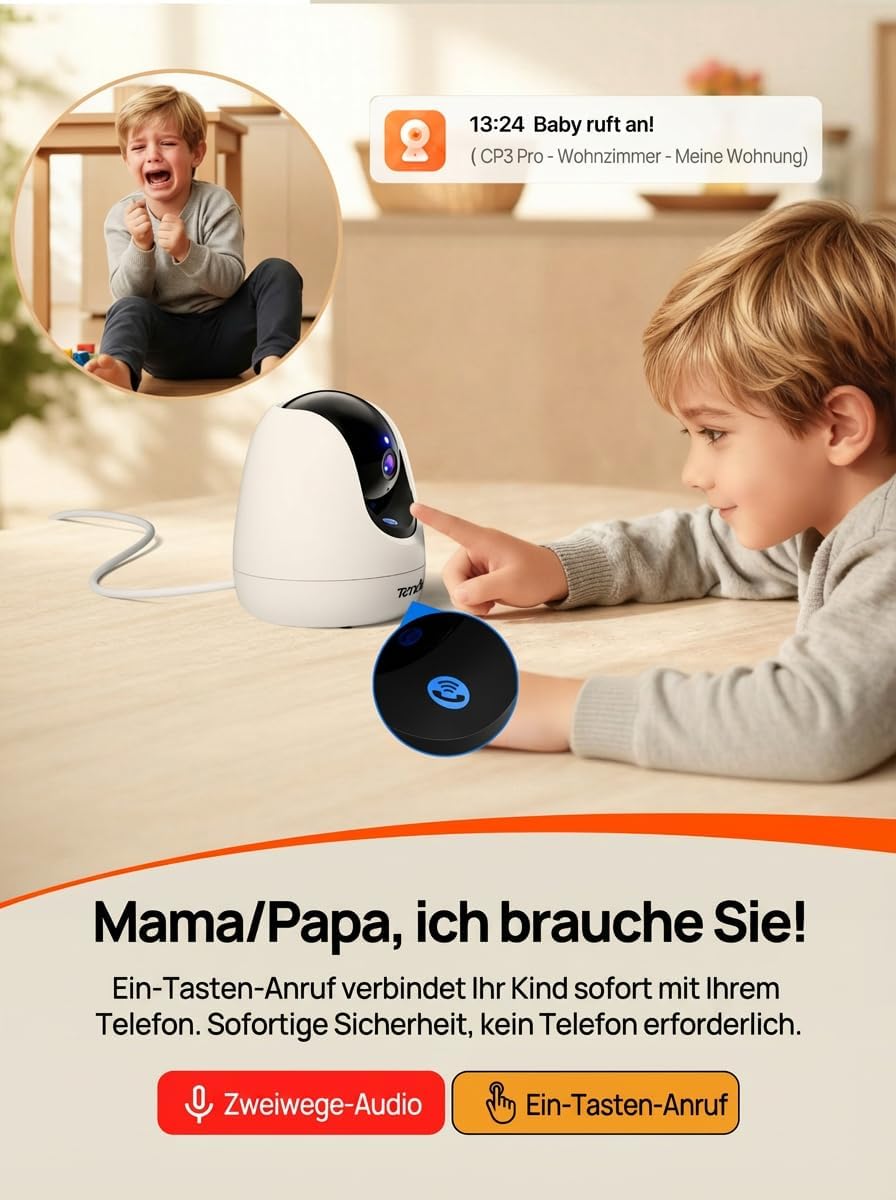 Tenda CP3 Überwachungskamera Innen, 1080p WLAN IP Kamera mit 2-Wege-Audio, 360°/155° drehbar, 12m Na