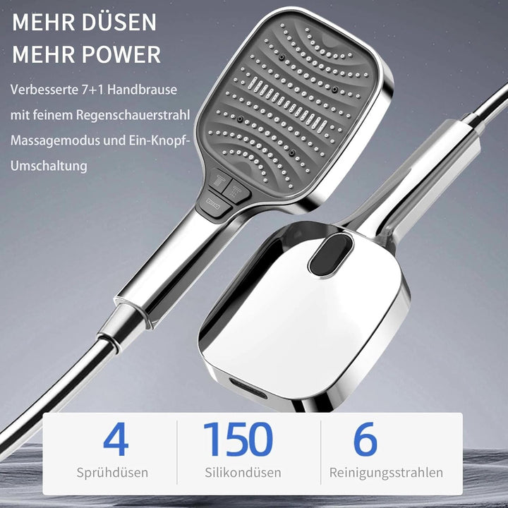 Duschkopf mit Schlauch 1.5m – Duschbrause mit 8 Strahlarten & Stoppfunktion –Duschköpfe Regendusche