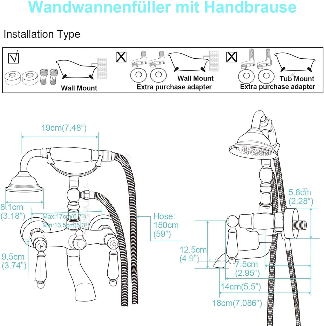 Rozin Badewannenarmatur mit Handbrause Messing Wandhalterung Duschbrause Zwei Keramik Griffe Nostalg