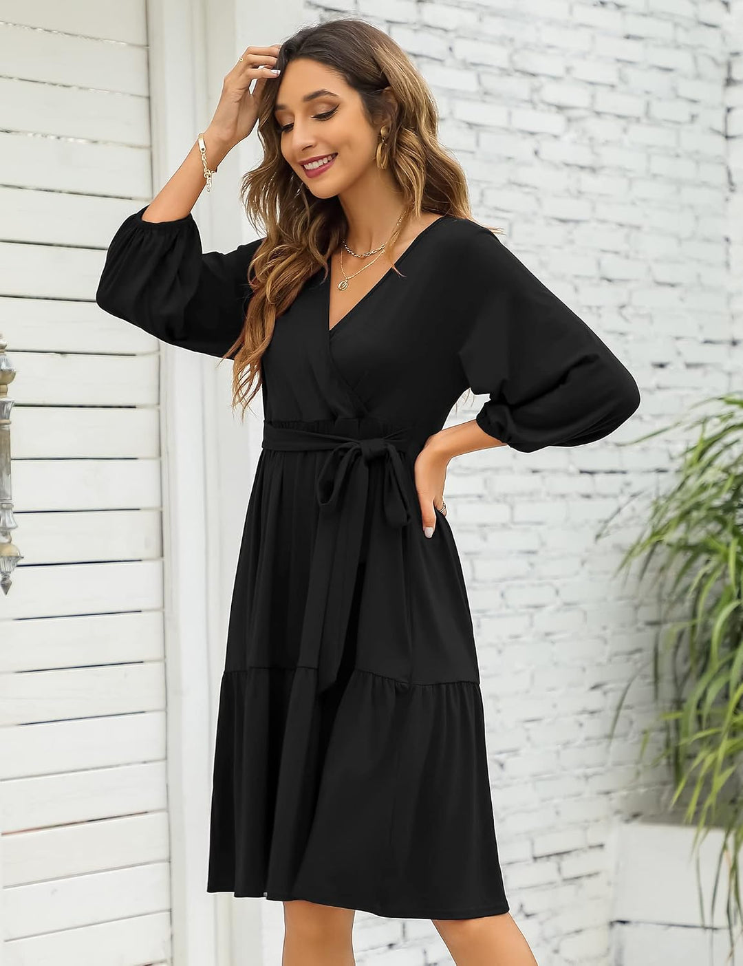 KOJOOIN Damen Umstandskleid V-Ausschnitt 3/4 Ärmel Stillkleid Rüschen Schwangerschafts Kleider mit G