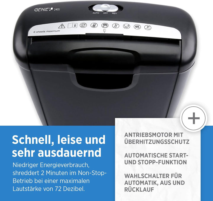 Genie 240S Profi Aktenvernichter Streifenschnitt | Aktenschredder bis zu 6 Blatt | Sicherheitsstufe