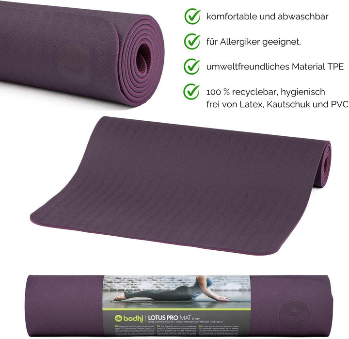 Bodhi Yogamatte Lotus PRO, auch für Gymnastik, Pilates und Fitness, weiche und rutschfeste TPE Matte