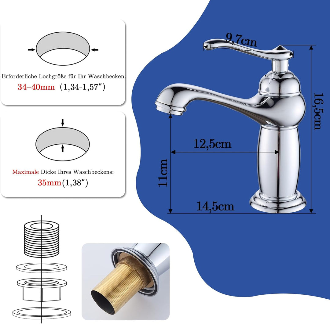 Wasserhahn Badezimmer Retro, Messing Waschtischarmatur Einhebelmischer mit Elegant Geschwungenem Aus