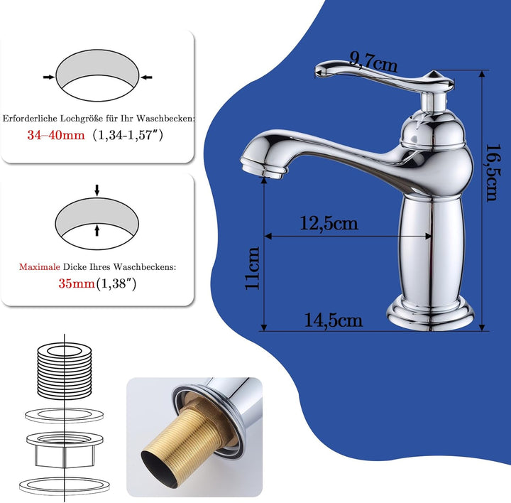 Wasserhahn Badezimmer Retro, Messing Waschtischarmatur Einhebelmischer mit Elegant Geschwungenem Aus
