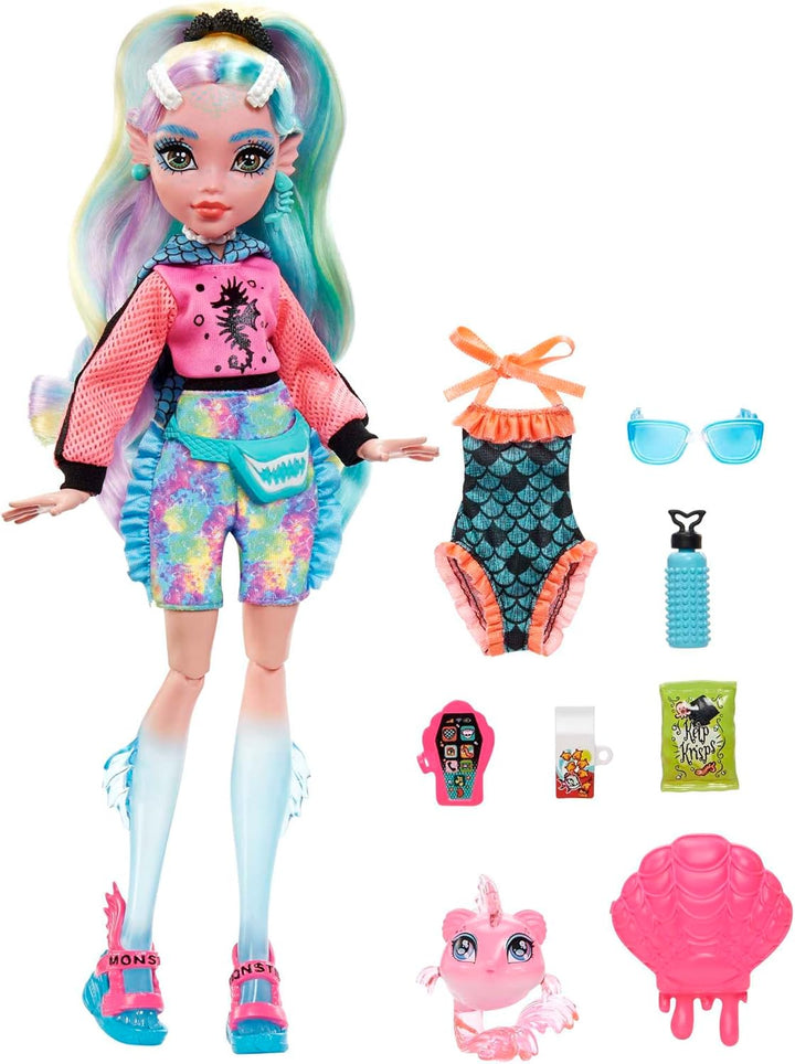 MONSTER HIGH Lagoona Blue Puppe - Pink Hoodie, Batik-Bikeshorts, Plateausandalen, Flossen, Zubehör,