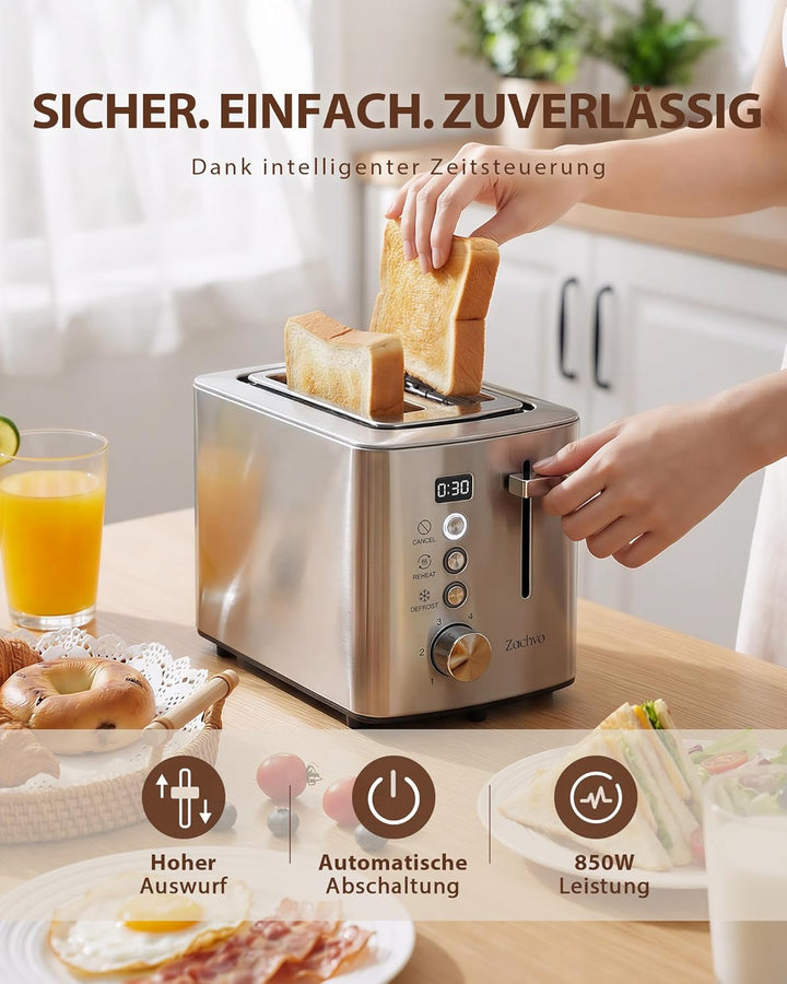 Edelstahl 2 Scheiben Toaster mit LED-Countdown & Brötchenaufsatz, extra breite 3,5 cm Schlitze für T