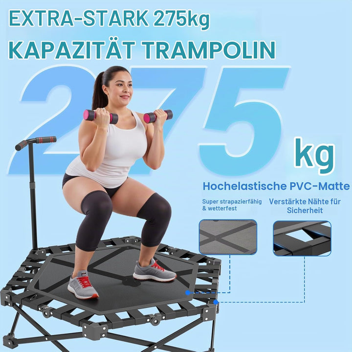 Mini Trampolin Klappbar, Fitness Trampolin Indoor mit Verstellbarem Griff, Minitrampolin für Erwachs