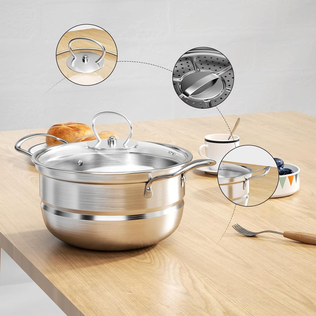 Topfset aus Edelstahl, Grosses Kochgeschirr Induktion-Kochtopf-Set, Töpfe mit Glasdeckel und Stielka