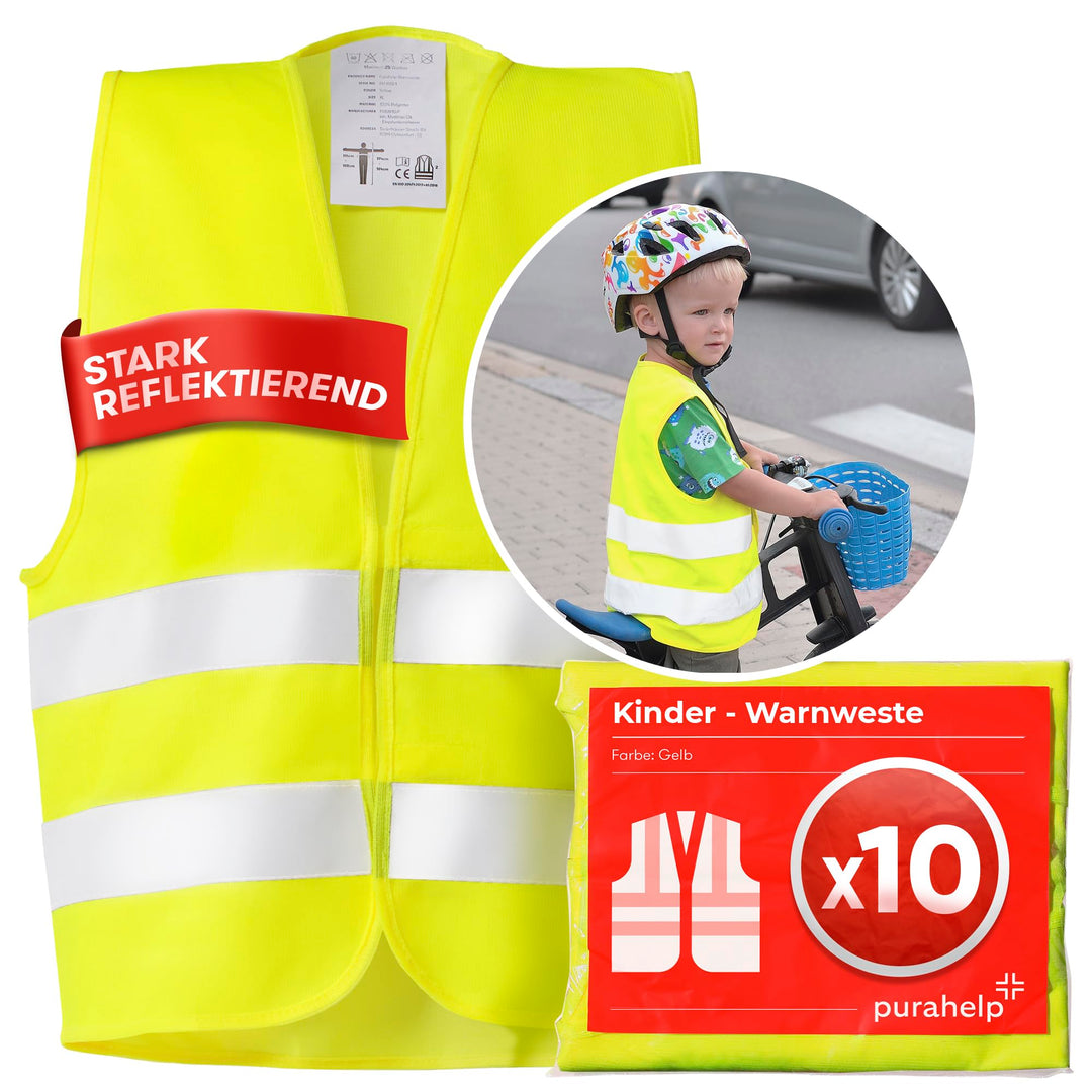 PURAHELP Warnweste Kinder (5-12 Jahre) Sicherheitsweste (10 Stück) für den Schulweg, Fahrrad, Auto -