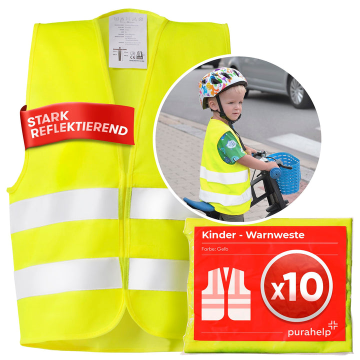 PURAHELP Warnweste Kinder (5-12 Jahre) Sicherheitsweste (10 Stück) für den Schulweg, Fahrrad, Auto -