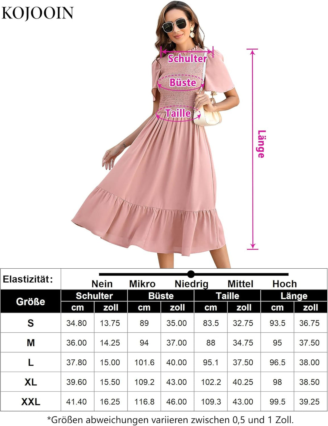 KOJOOIN Damen Kleid Lange Sommerkleid Casual Swing Kleid Kurzärm Maxikleid Rüschen Freizeitkleid(Ver