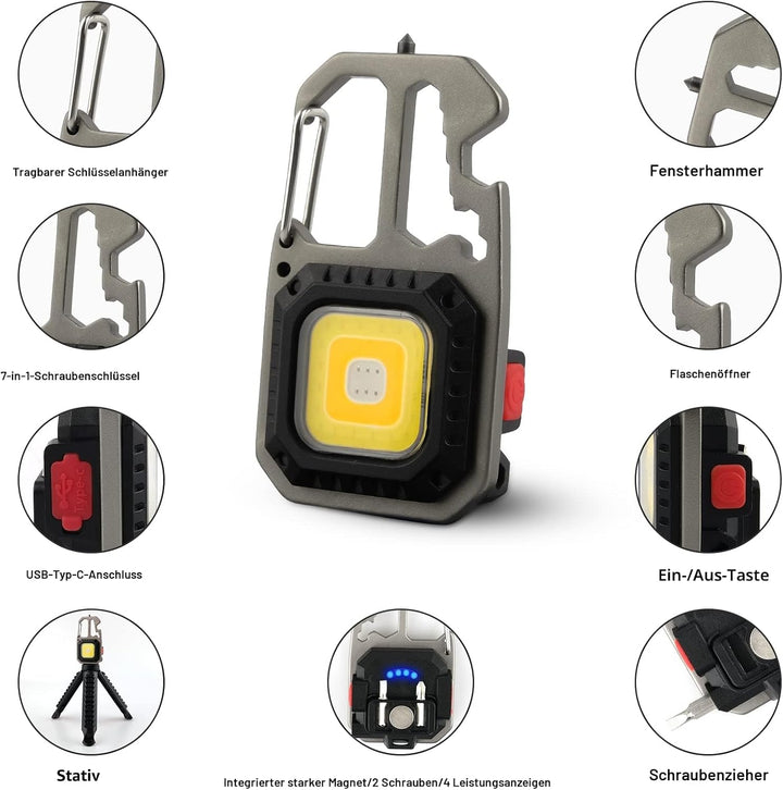 T-SUN Tragbare Mini LED Arbeitsleuchte Schlüsselanhänger Taschenlampe 7 Modi 800 Lumen Wiederaufladb