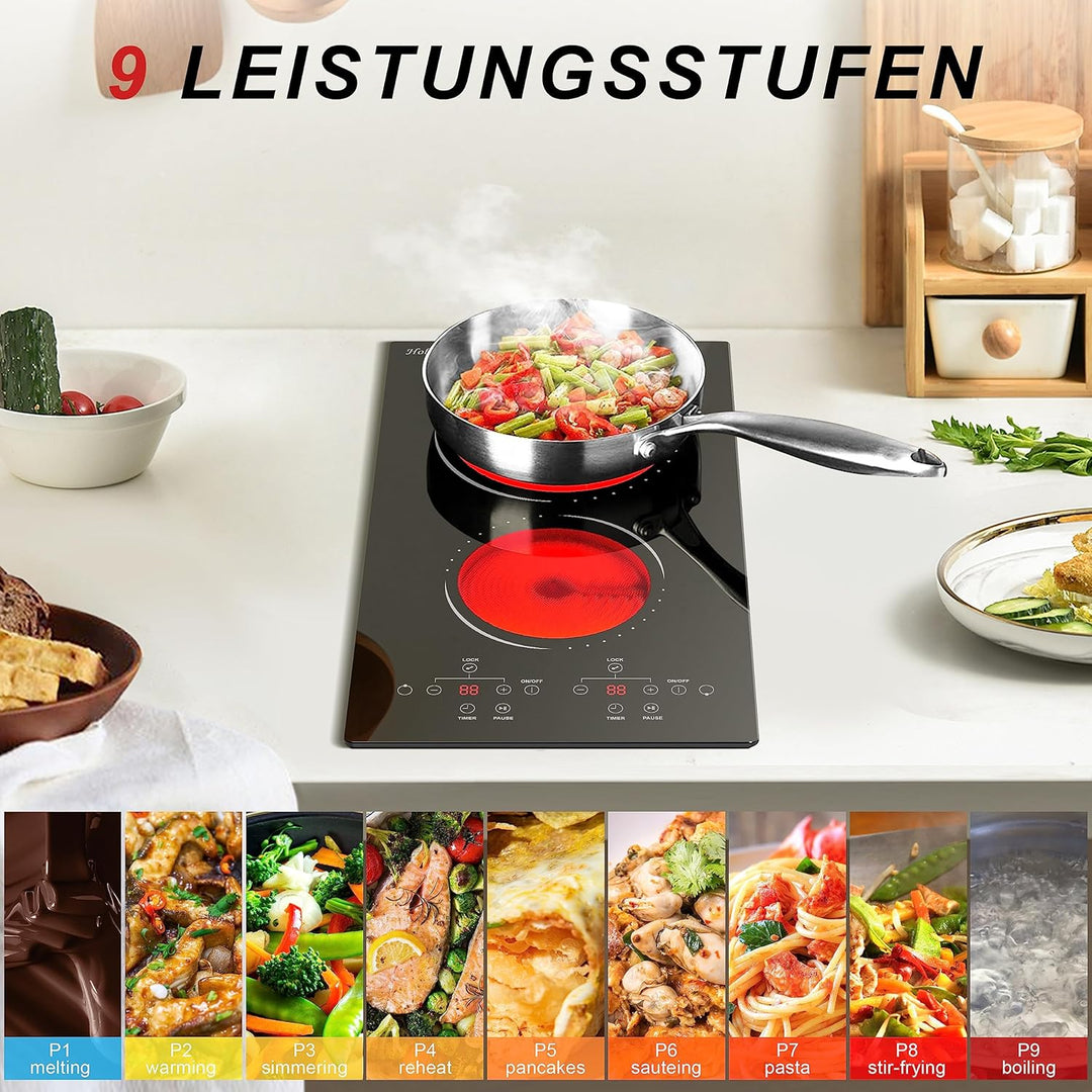 Glaskeramikkochfeld 2 Zonen mit Stecker, Hobsir Einbau Kochfelder 30cm, 3000W, Touch-Steuerung, Dopp