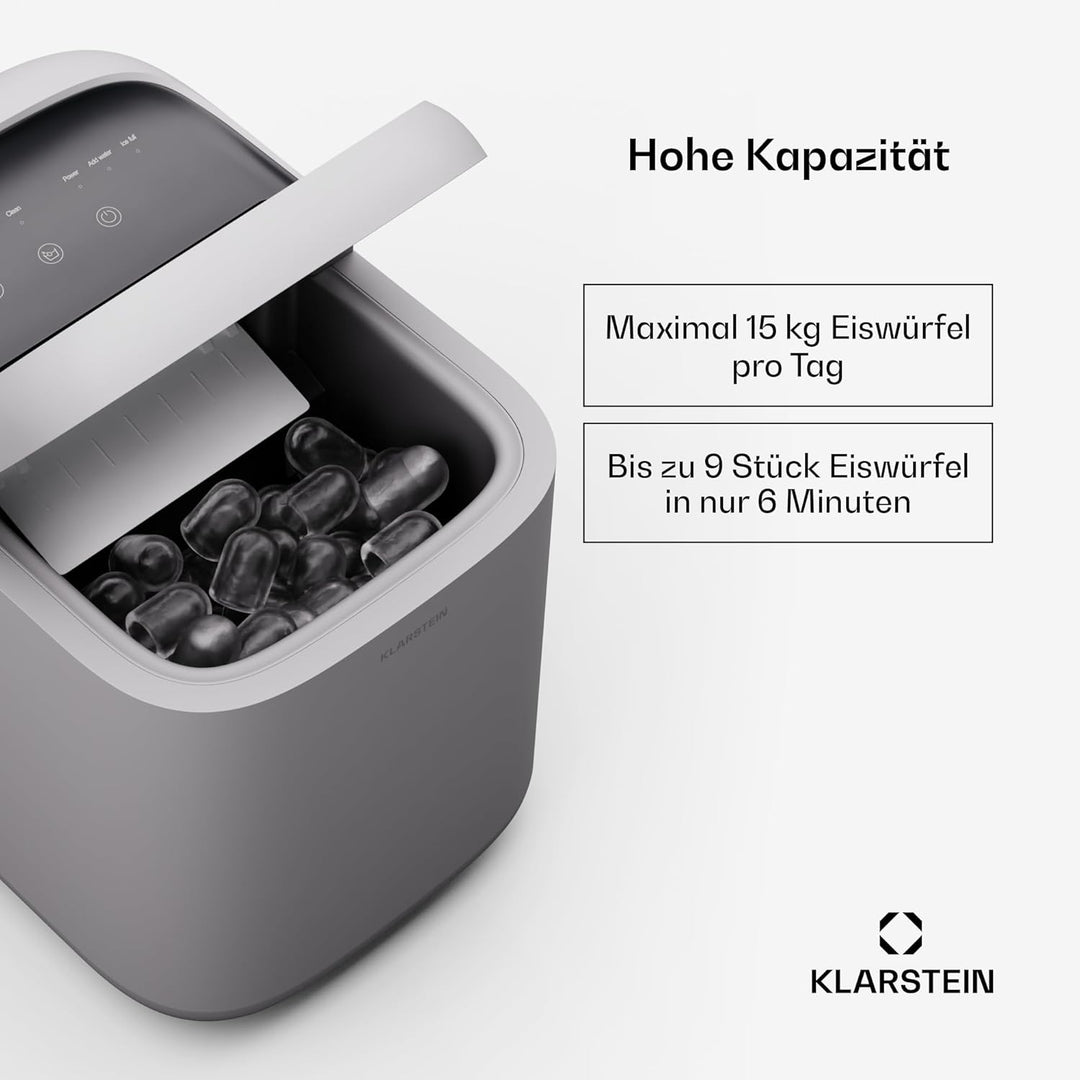 Klarstein SparkIce Eiswürfelmaschine, 15 kg/Tag, Eiswürfel in 6 Min., Touchpad, 2 Eiswürfelgrössen,