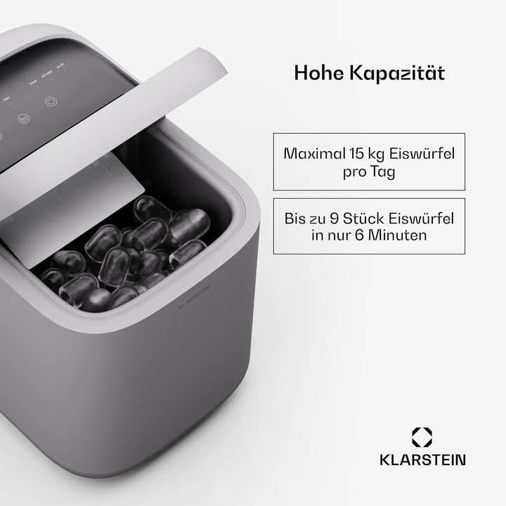 Klarstein SparkIce Eiswürfelmaschine, 15 kg/Tag, Eiswürfel in 6 Min., Touchpad, 2 Eiswürfelgrössen,