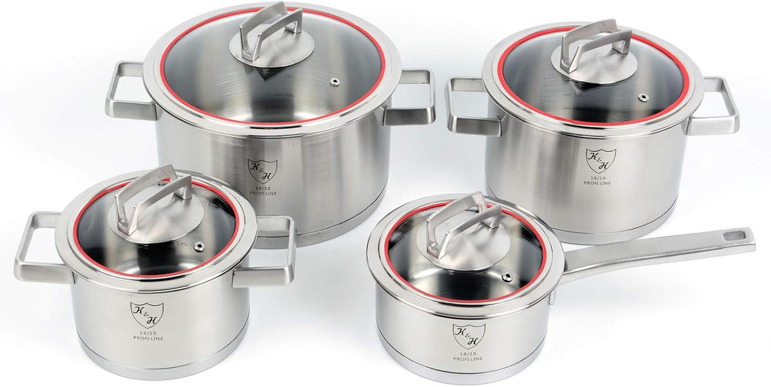 K&H Unique Topfset, Glasdeckel, Induktionsgeeignet, Stieltopf, Edelstahl rostfrei 18/10 poliert (4-t