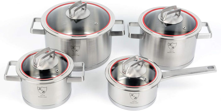 K&H Unique Topfset, Glasdeckel, Induktionsgeeignet, Stieltopf, Edelstahl rostfrei 18/10 poliert (4-t