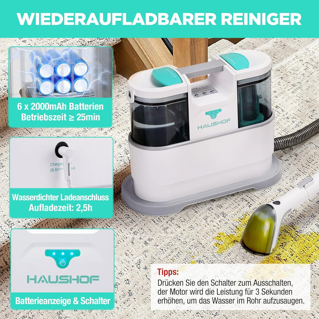 HAUSHOF StainZapper Air, Akku Waschsauger für Auto 12kPa, 24V Kabelloser Fleckenreiniger Teppichrein