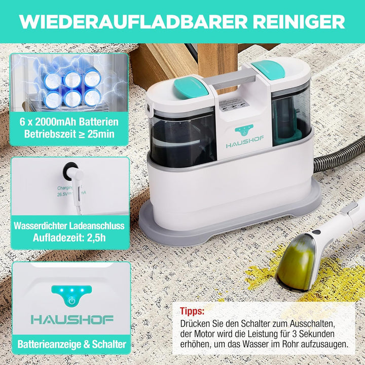 HAUSHOF StainZapper Air, Akku Waschsauger für Auto 12kPa, 24V Kabelloser Fleckenreiniger Teppichrein