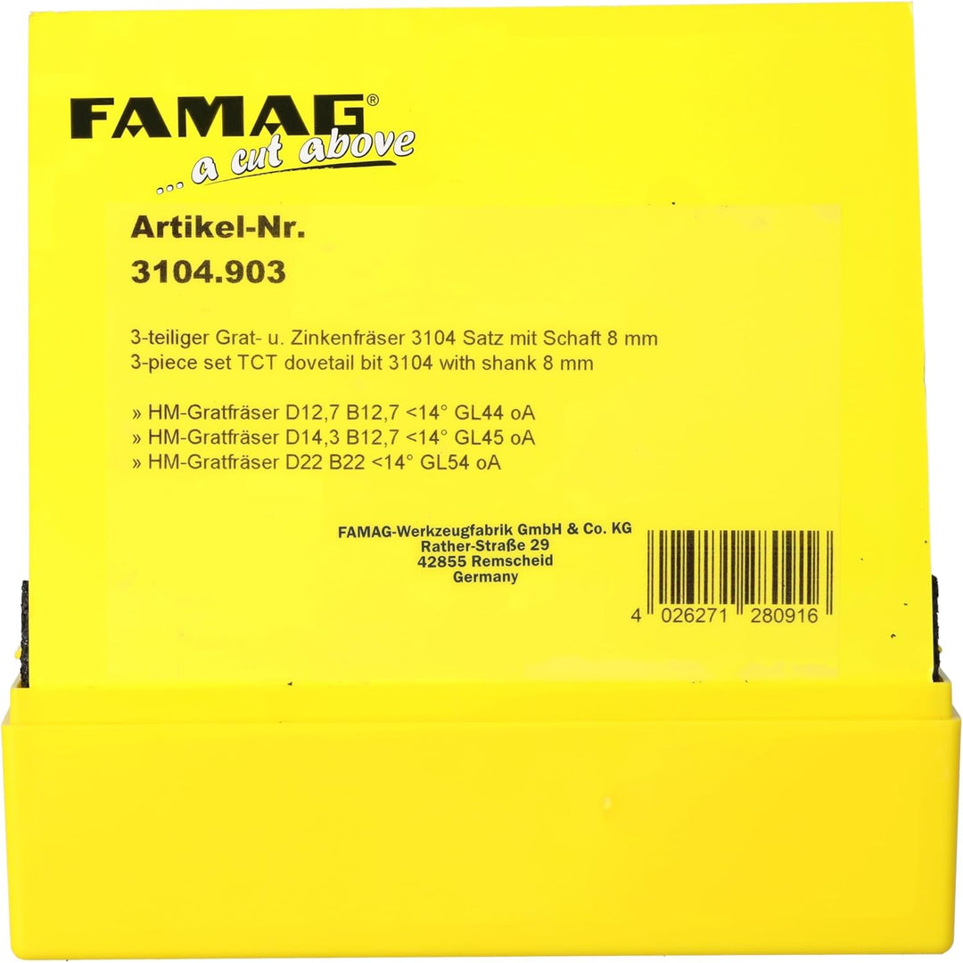FAMAG Grat- und Zinkenfräser Set | 3-teilig : 12,7x12,7 mm, 14,3x12,7 mm &amp; 22x22 mm | Für Verbindung