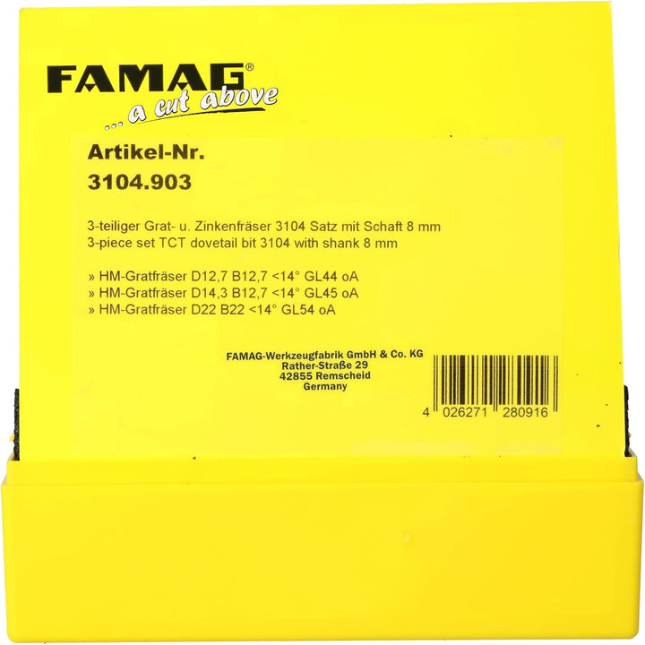FAMAG Grat- und Zinkenfräser Set | 3-teilig : 12,7x12,7 mm, 14,3x12,7 mm &amp; 22x22 mm | Für Verbindung
