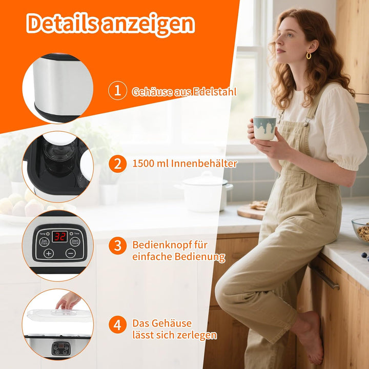 Joghurtbereiter, Digitaler Yogurt Maker, 8 Glasbehälter à 180 ml für bis 1.5L, Griechischer Joghurtm