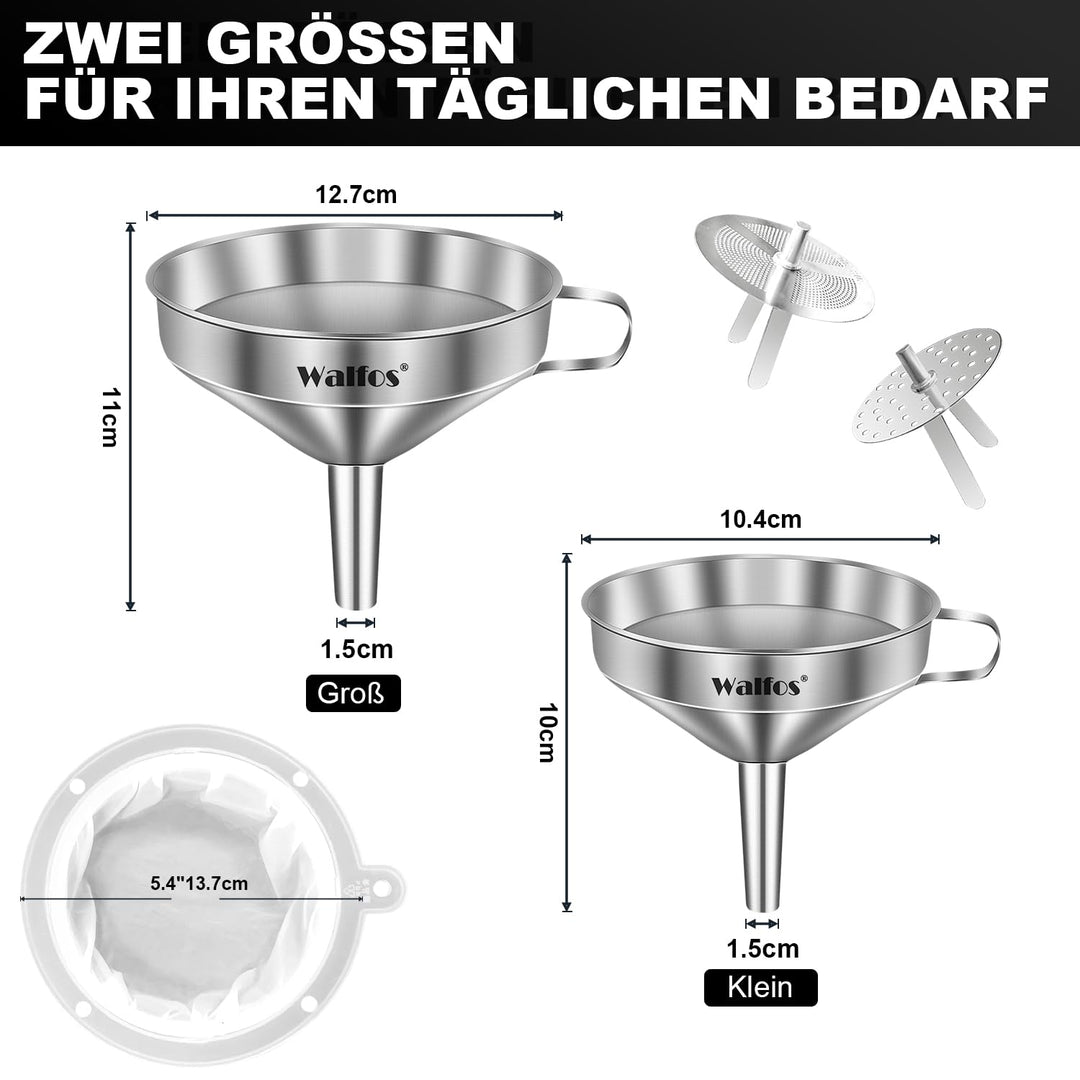 Walfos Trichter aus Edelstahl und 200 Mesh Filter Jam Straining mit 2 abnehmbaren Sieben ＆ 1Pc Reini