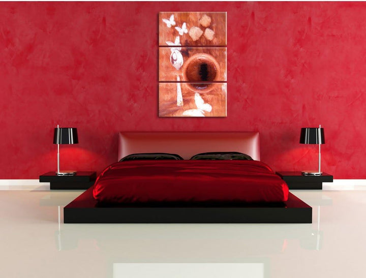 Pixxprint Kaffeetasse mit Schmetterlingen Bunstift Effekt 3-Teiler Leinwandbild 120x80 Bild auf Lein