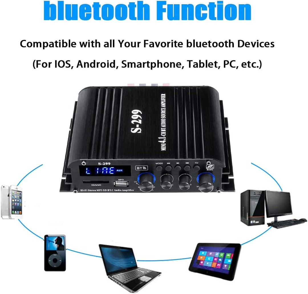 Etlephe 4.1 Kanal 1600W Mini Verstärker,Bluetooth 5.0 Verstärker 50Wx4 + aktiver Subwoofer, Hi-Fi In