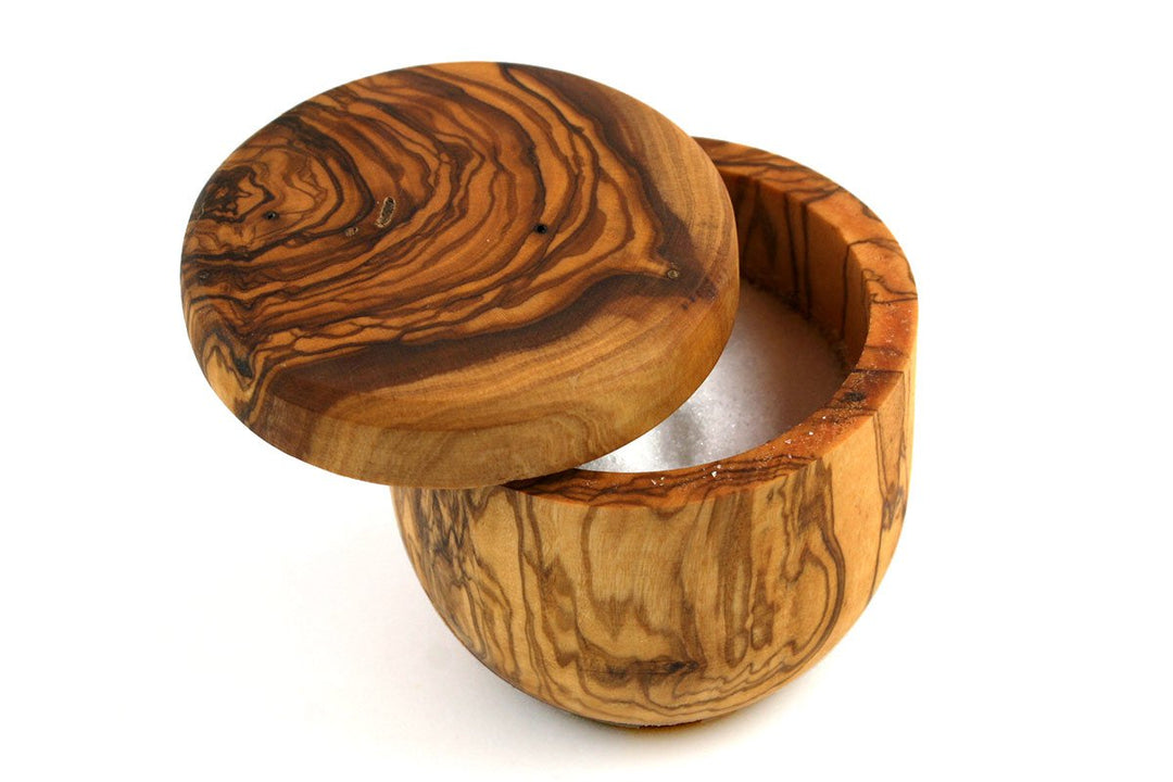 Tramanto Olive Wood Salt Box and Pot, Holds Salt for Easy Pinch, Classic Wood Design by Thirteen Che