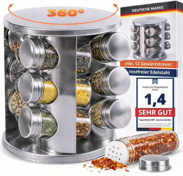 Gewürzregal Set- 12 Gewürzgläser Edelstahl - 360° drehbarer Gewürzständer für Küche -Gewürzkarussell