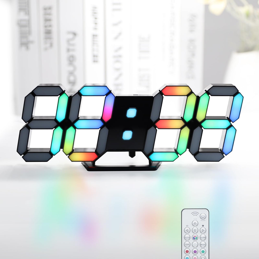 LED-Digitaluhr, Neonuhr, 24,6 cm, schwarz, Gaming-Uhr, RGB-LED-Wanduhr für Wohnzimmer, Schreibtischu