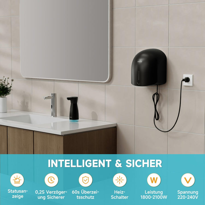 AIKE GentleAir Warmluft Handtrockner, Leise für Zuhause & Bäder, AC220V-240V, Mitternacht Schwarz, M