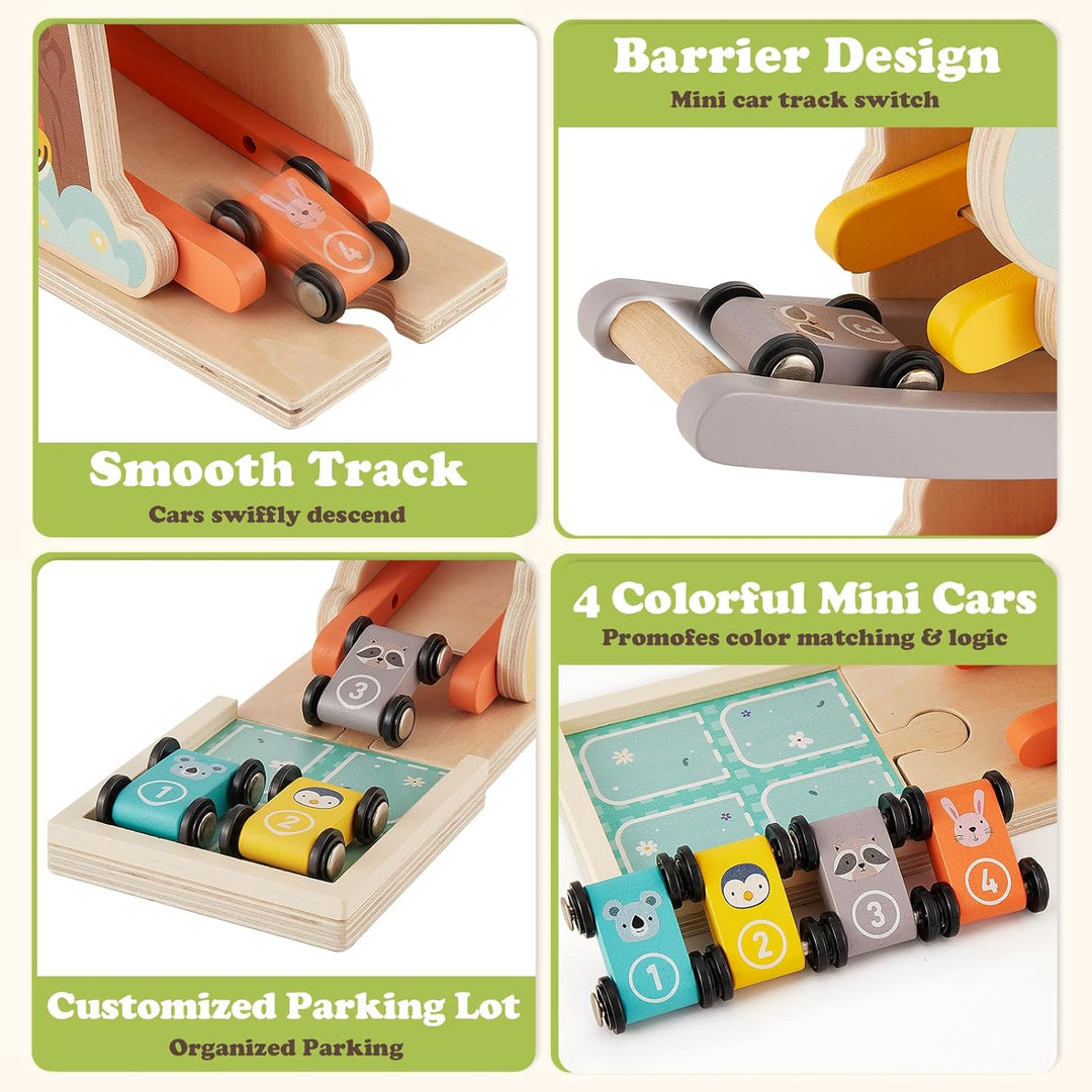 HERSITY Autorennbahn Holz Kugelbahn Spielzeug mit 4 Fahrzeuge, Holzspielzeug Kinder mit Tiermotiven,