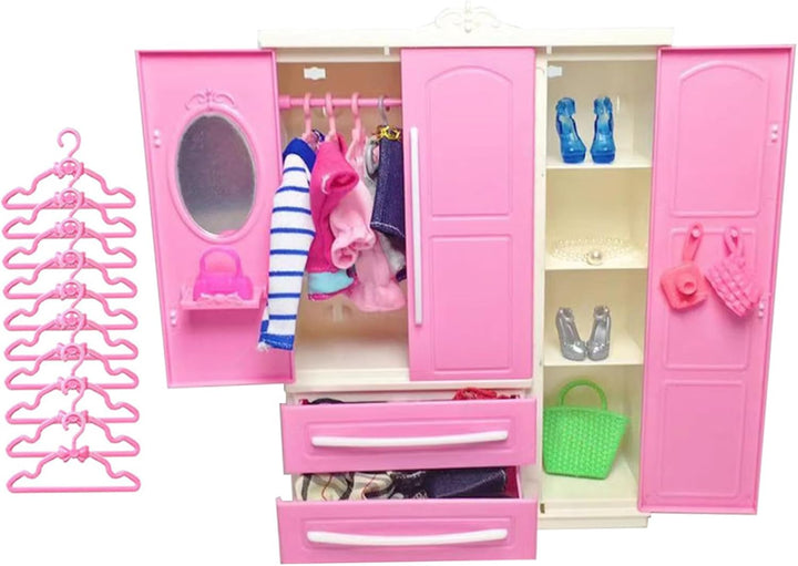 Puppenschrank, 3 Türen, 2 Schubladen, Puppenhaus-Kleiderschrank, 7 x 10 x 3 Miniaturmöbel mit 10 Kle