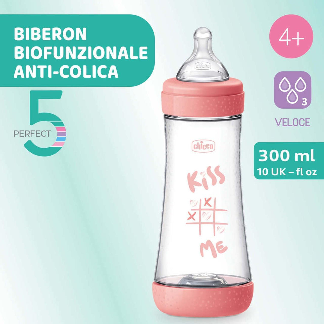 Chicco PERFECT 5 Anticolic Flasche 300 ml, Fast Flow Flasche 4 Monate + mit weichem Silikonsauger, B