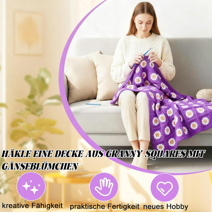 Haayymo Granny Square Decke Häkelset für Anfänger Kinder, Starter Häkelset mit Häkelnadeln, 5 Ply Hä